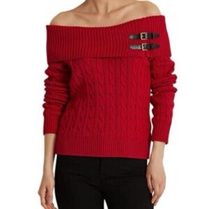 Lauren Ralph Lauren Off-Shoulder Red Sweater with Buckles